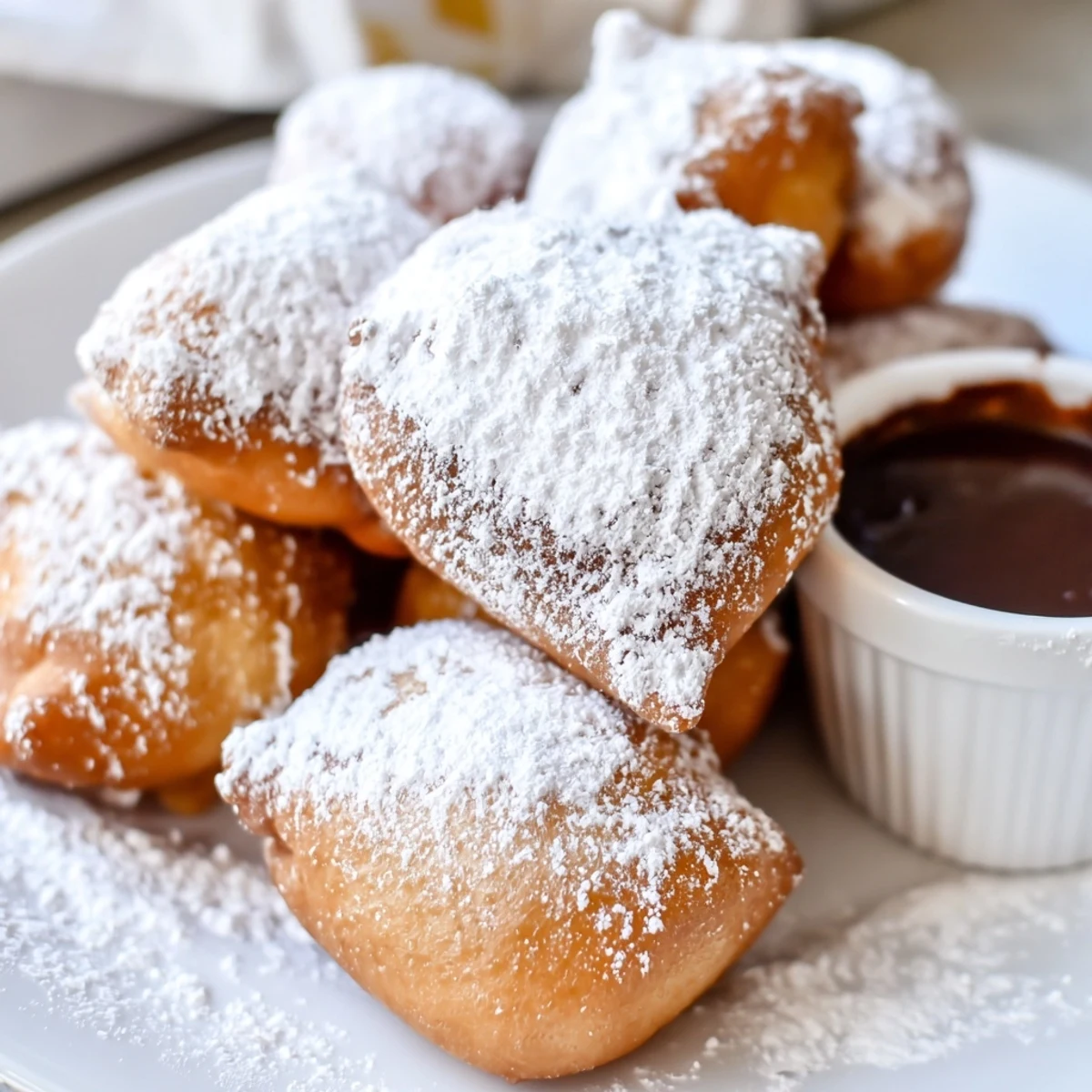 Warm Mardi Gras Beignets with chocolate sauce being dunked into a small bowl.