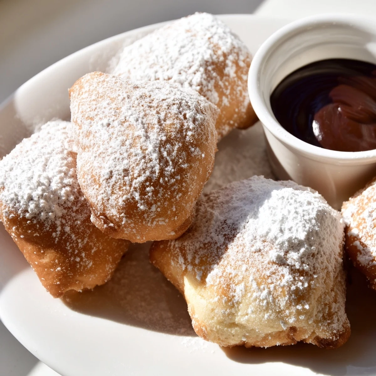 Freshly fried Mardi Gras Beignets with chocolate sauce ready to serve on a napkin.