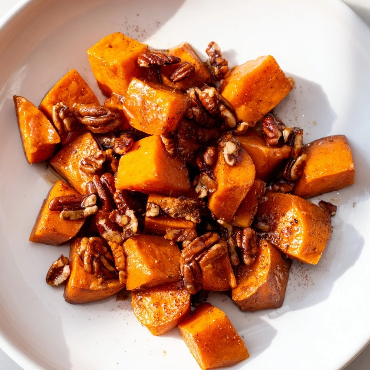 Golden roasted sweet potatoes with maple glaze and toasted pecans in a rustic ceramic bowl.