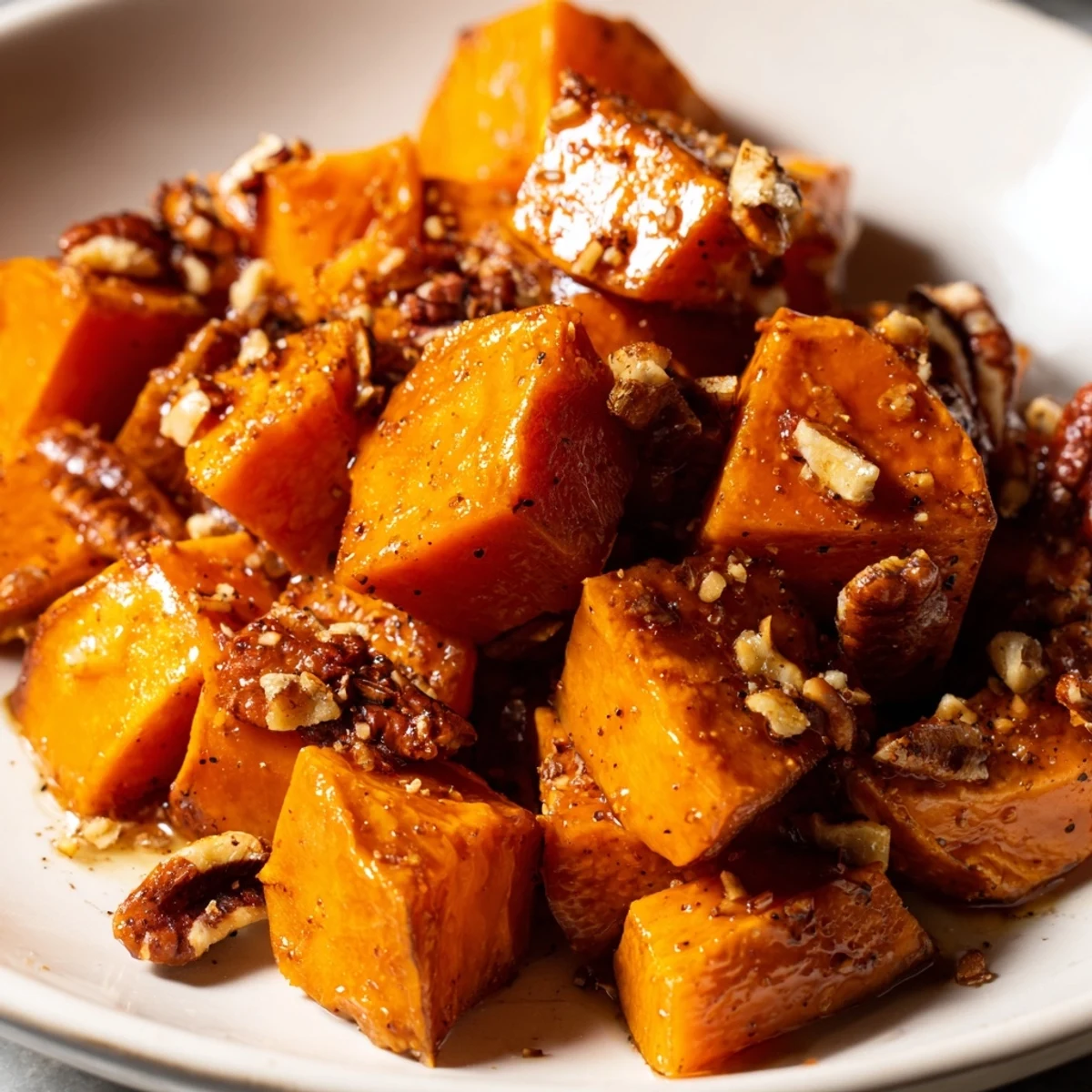 Roasted sweet potatoes with maple and pecans garnished with fresh thyme for a festive holiday side.