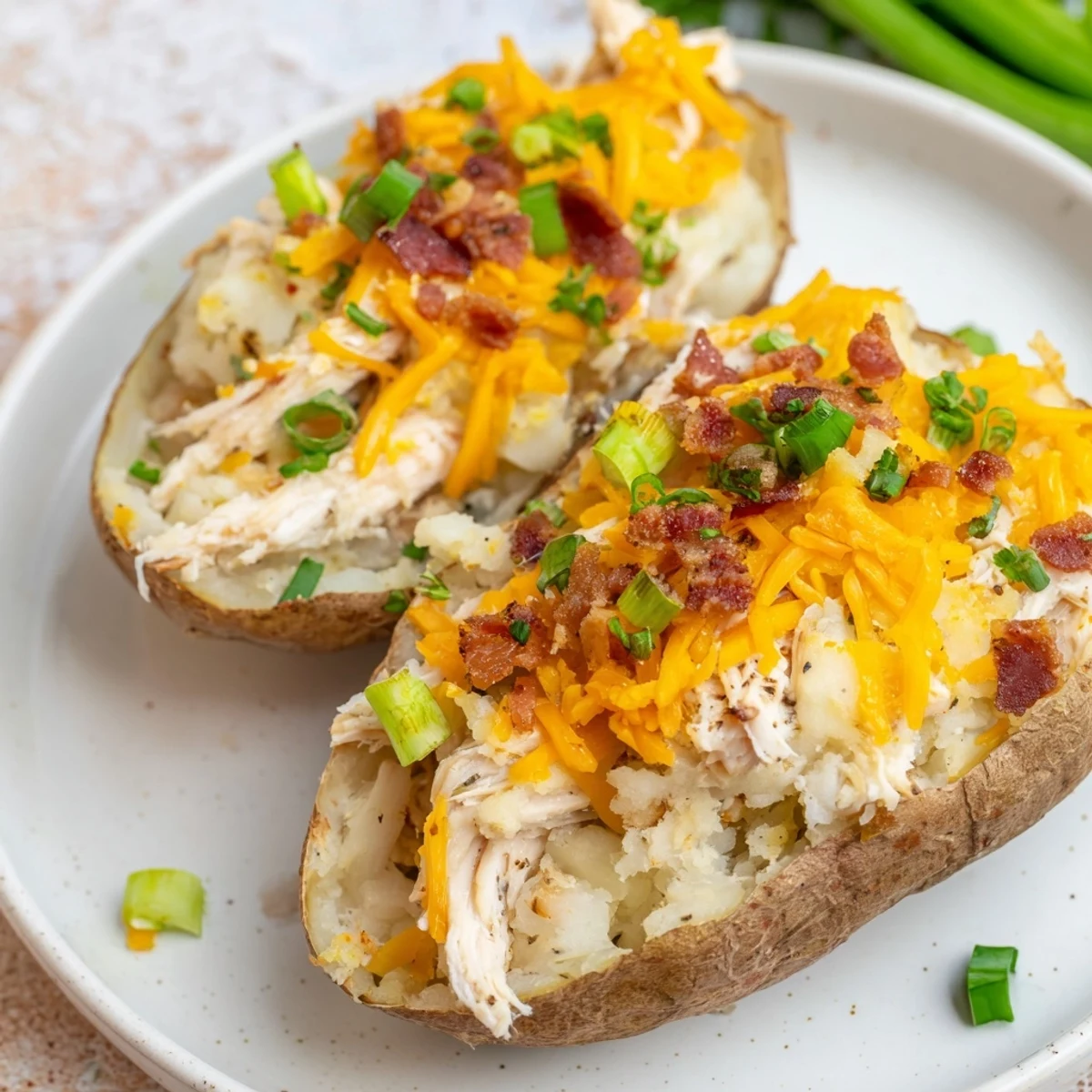 Golden-brown baked russet potato shells overflowing with creamy mashed potato and savory shredded chicken filling, topped with melted cheddar and fresh parsley.