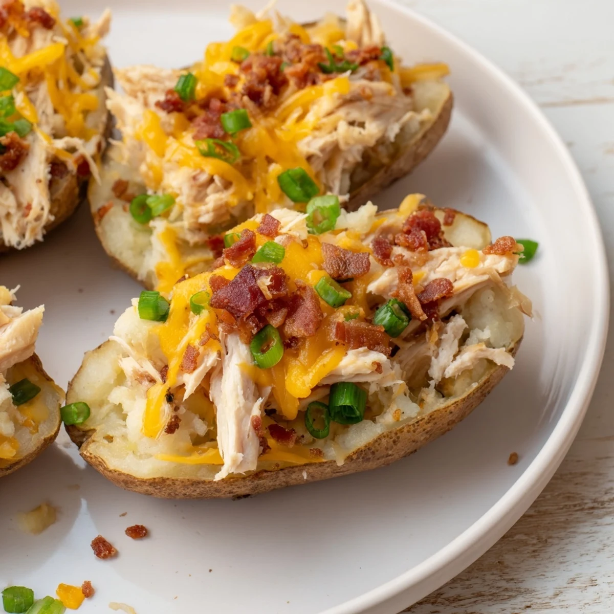 Rustic twice baked potatoes with chicken and cheese filling sit on a wooden board, perfect for a hearty gluten-free American dinner.