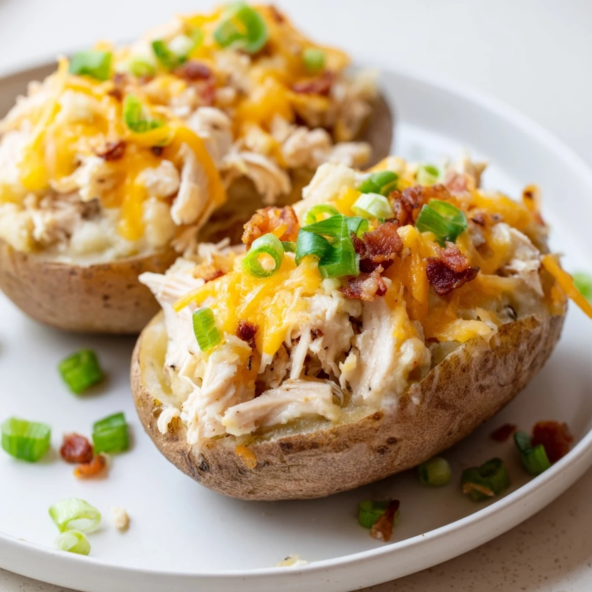 Close-up of savory stuffed Mud Chicken Stuffed Twice Baked Potatoes showcasing melted cheese, crumbled bacon, and green onions on a fluffy interior.