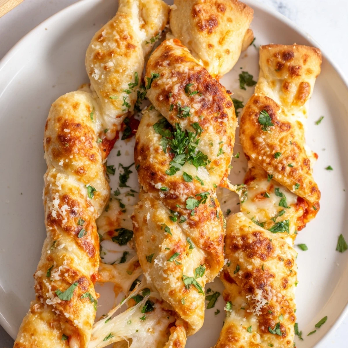 Golden, crispy Crispy Air Fryer Pizza Cheese Bread Twists fresh from the air fryer, brushed with garlic butter and served warm for dipping.