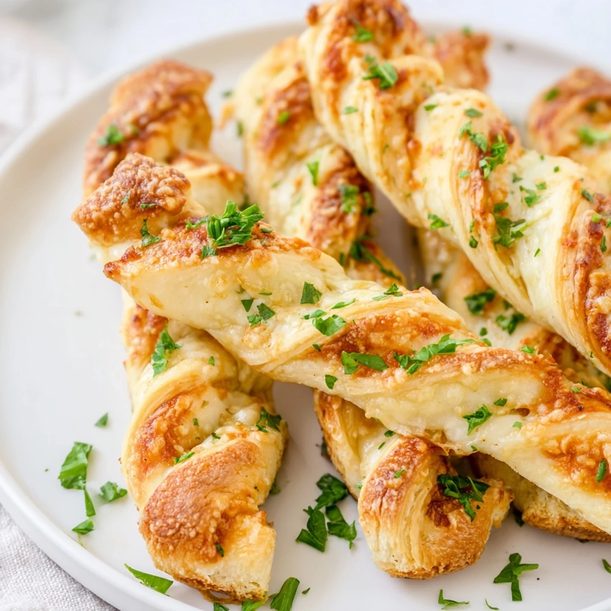 Golden-brown Crispy Air Fryer Pizza Cheese Bread Twists are twisted with mozzarella and Parmesan, ready to dip in warm marinara sauce.