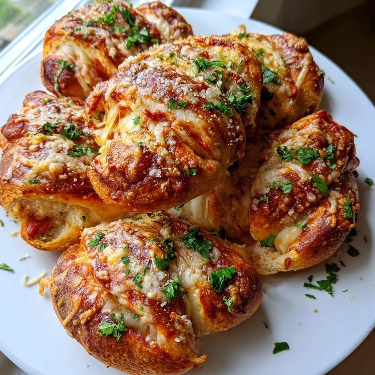 Savory Crispy Air Fryer Pizza Cheese Bread Twists on a plate, air-fried until crunchy and garnished with fresh parsley, perfect for snacking.