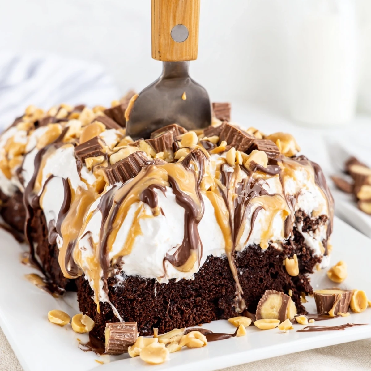 This slice of Chocolate Peanut Butter Poke Cake shows layers of whipped cream and peanut butter.  