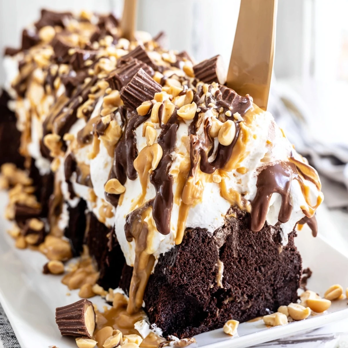 A close-up of Chocolate Peanut Butter Poke Cake with a creamy filling and chocolate drizzle.  