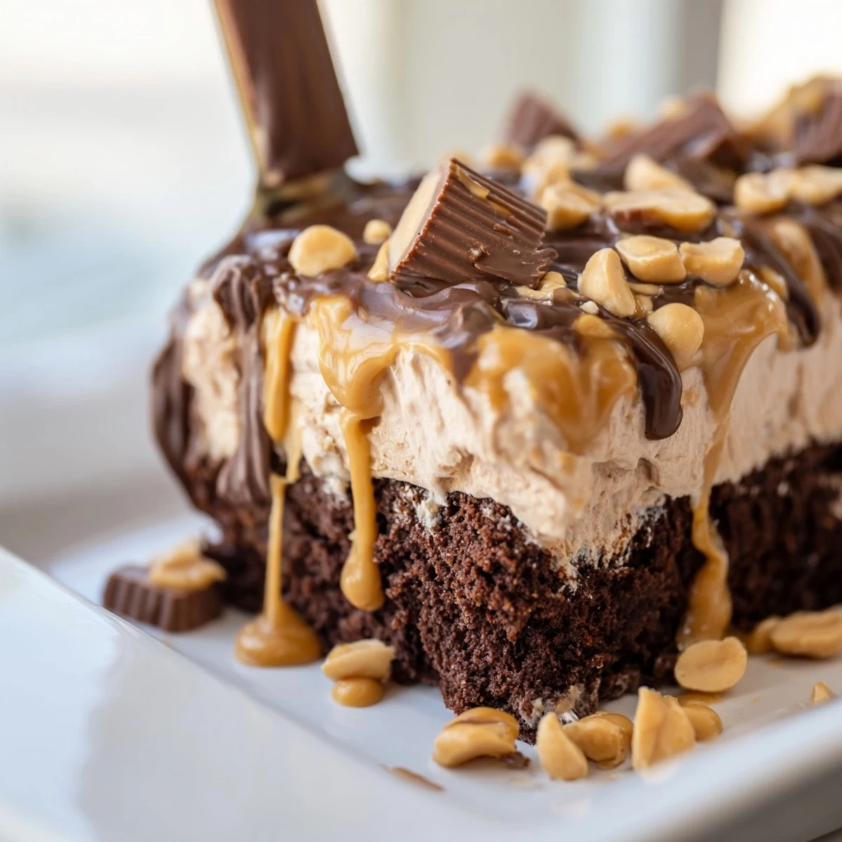 Festive Chocolate Peanut Butter Poke Cake garnished with chopped peanuts and peanut butter cups.