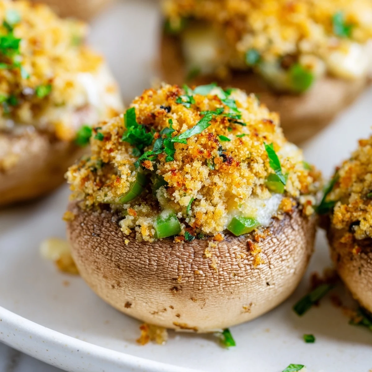 Golden-brown Mozzarella Popper Stuffed Mushrooms with melted cheddar and spices on a rustic wooden board.