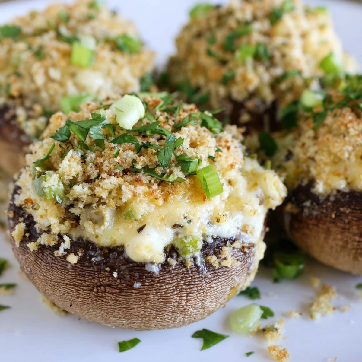 Close-up view of Mozzarella Popper Stuffed Mushrooms showing a crunchy breadcrumb topping and gooey cheese filling.
