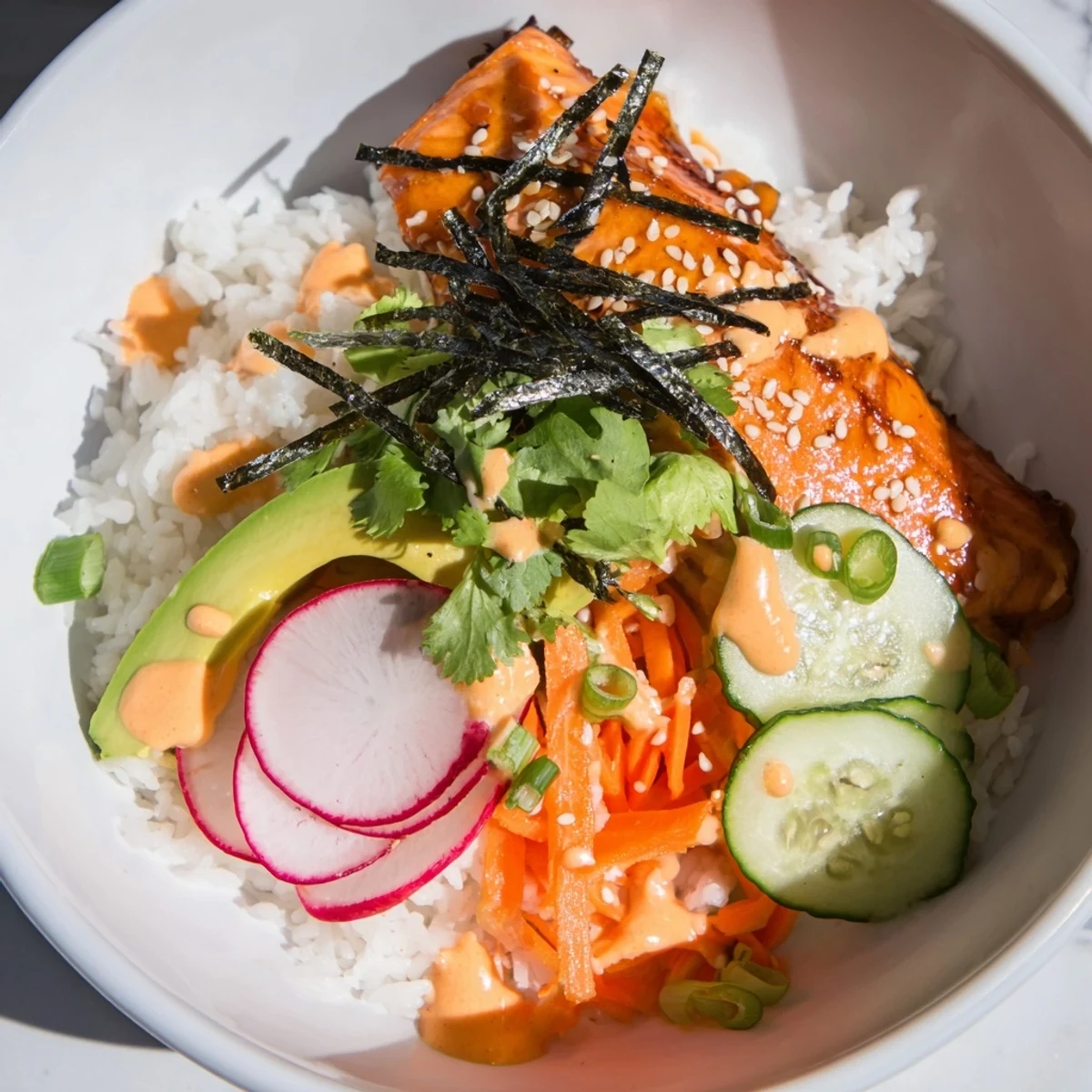Flaky teriyaki-glazed salmon rests atop fluffy jasmine rice in this vibrant Teriyaki Salmon Rice Taco Bowls with Pickled Veggies.