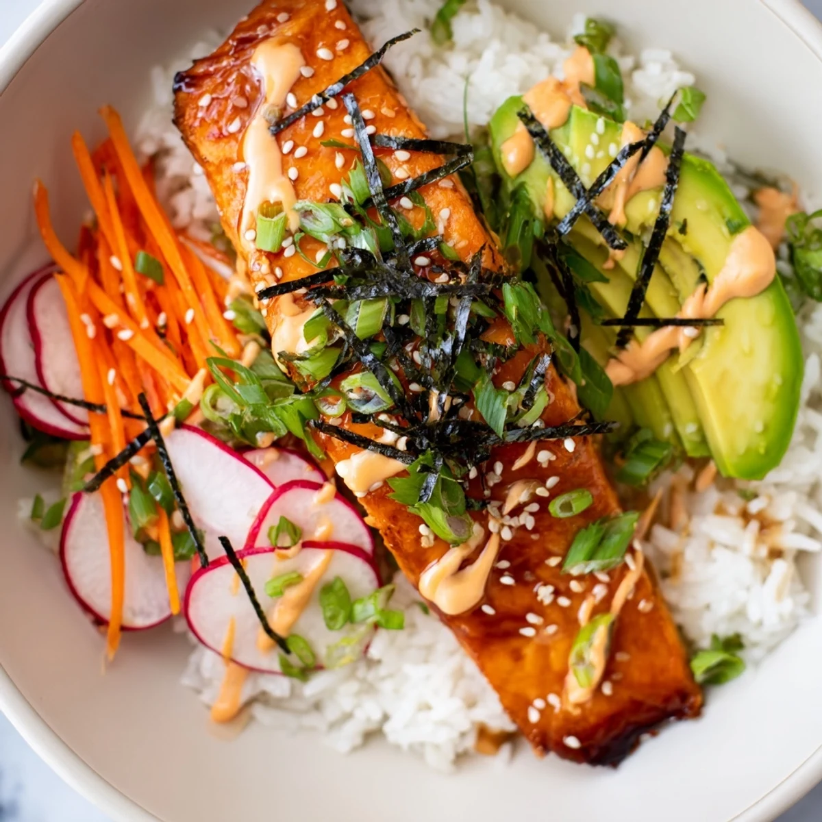 Colorful pickled carrots, cucumbers, and radishes add a tangy crunch to the savory Teriyaki Salmon Rice Taco Bowls with Pickled Veggies.