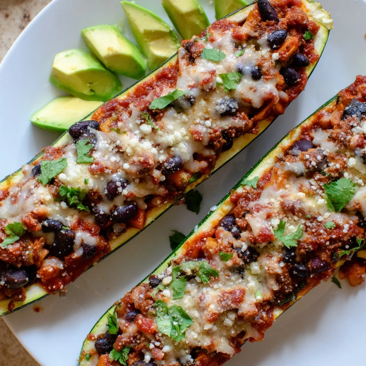 Roasted zucchini boats filled with black beans and butternut squash in a spicy red enchilada sauce.  