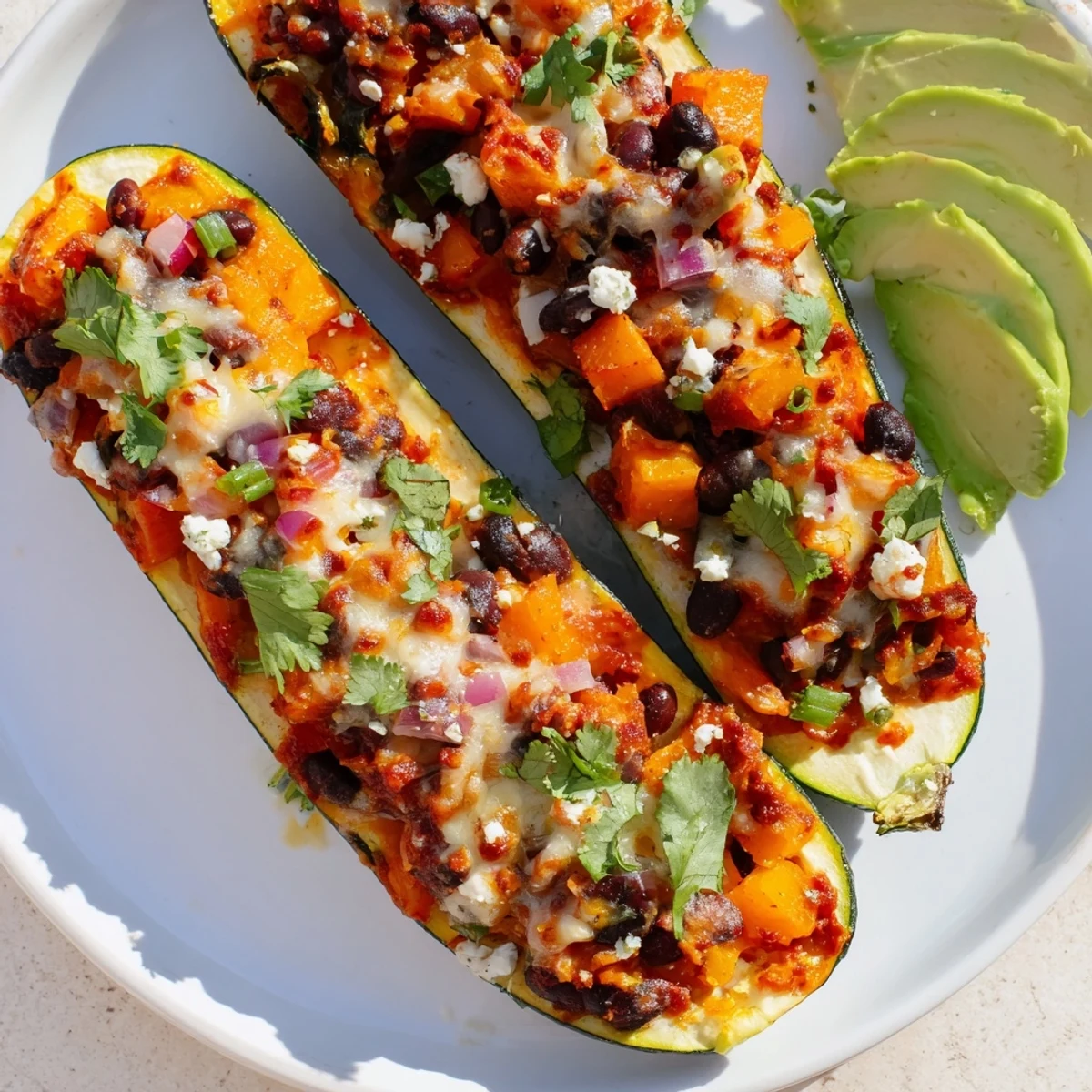 A vegetarian serving of Black Bean and Butternut Squash Enchilada Boats garnished with cilantro and lime.