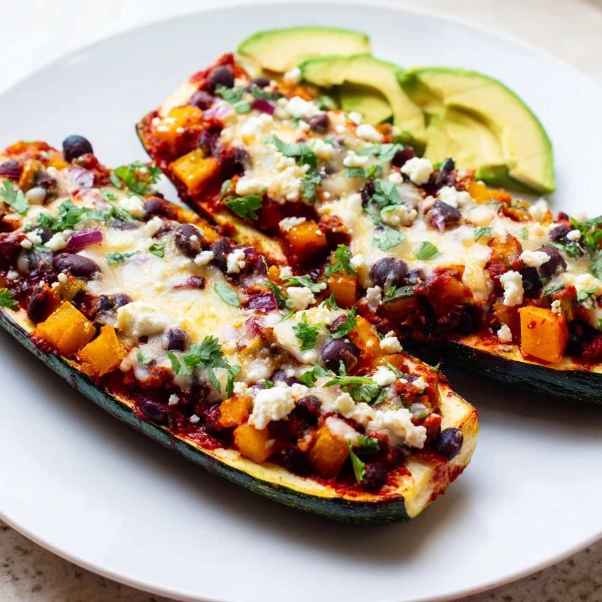 Freshly baked Black Bean and Butternut Squash Enchilada Boats topped with melted cheese and avocado slices.  