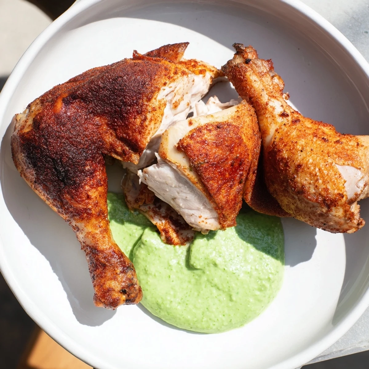 A beautifully roasted Peruvian Roast Chicken with Creamy Green Sauce glistening with golden-brown, crispy skin on a rustic platter.