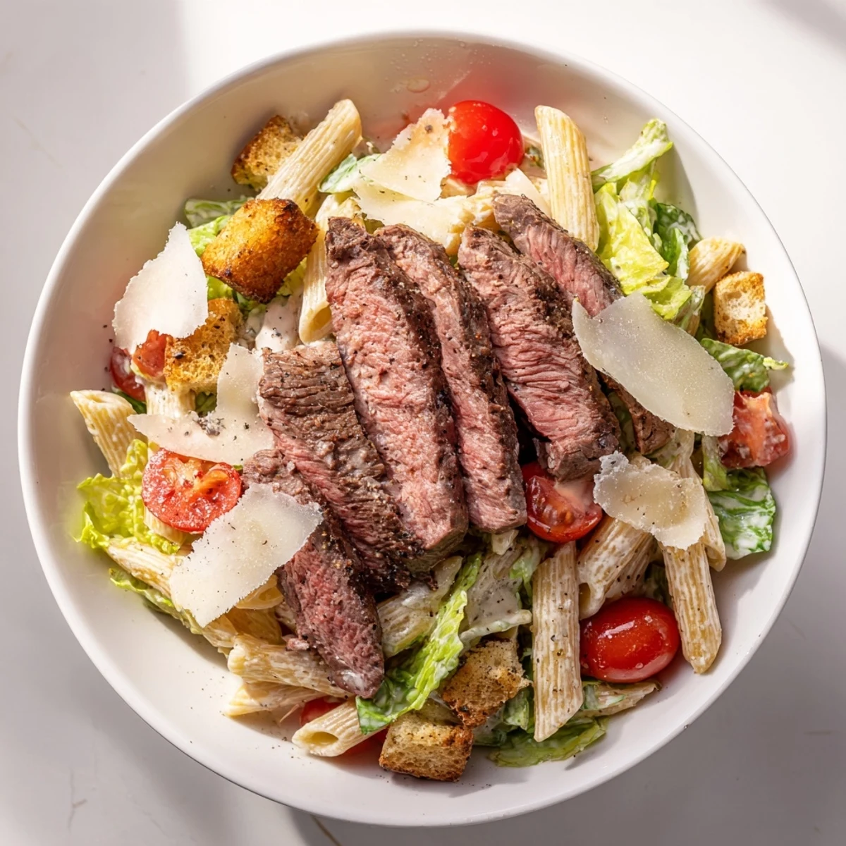 This flavorful steak caesar pasta salad features crisp vegetables and savory dressing in a vibrant serving bowl for dinner.