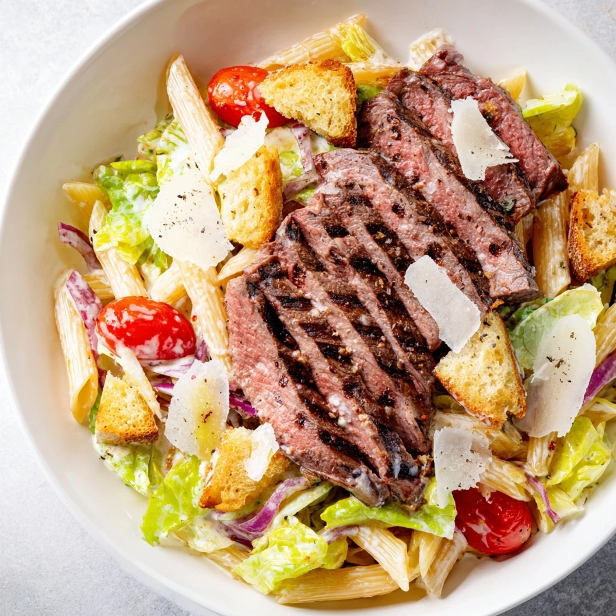 Juicy grilled steak slices rest atop creamy Caesar pasta salad with romaine and cherry tomatoes for a hearty meal.