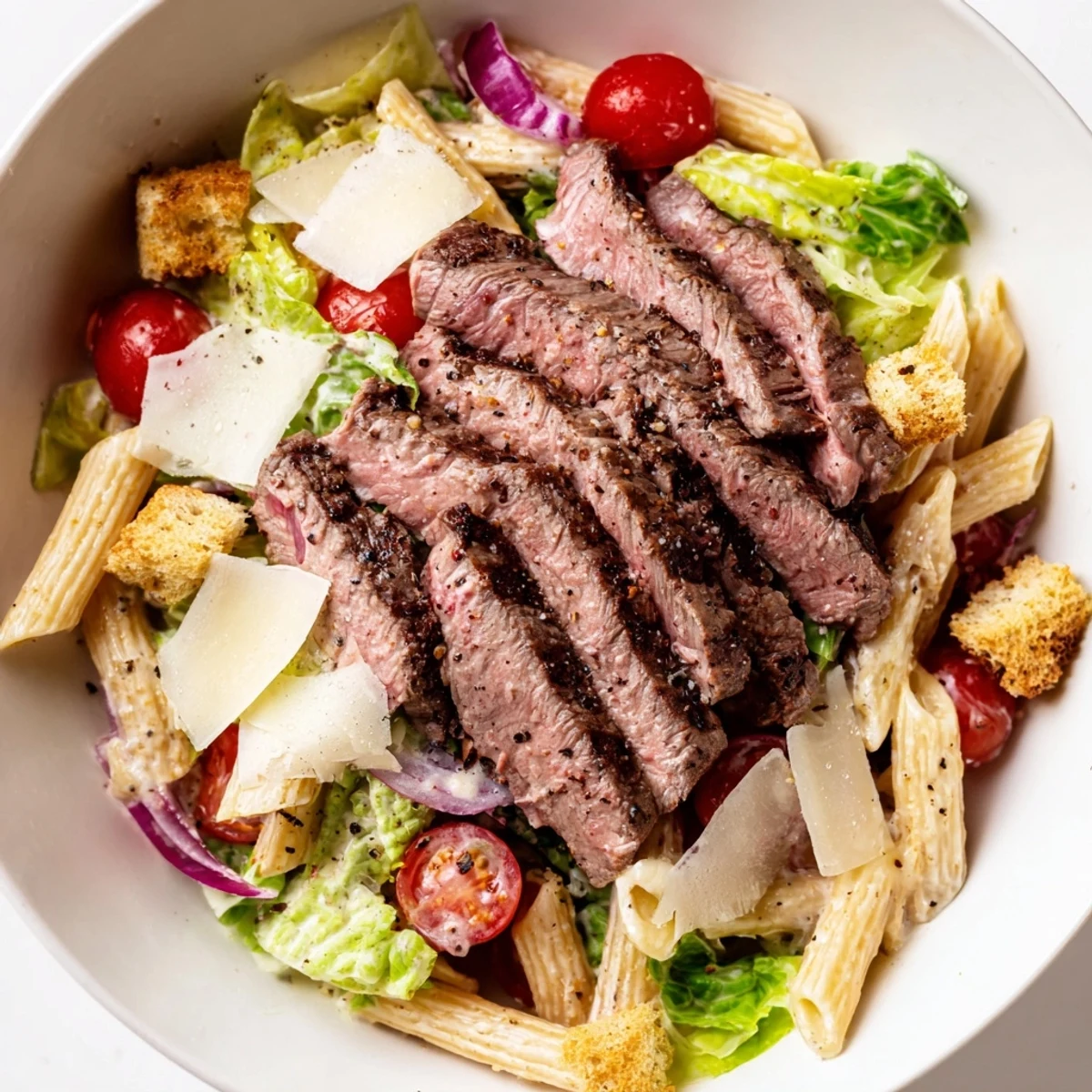 Savor tender steak and al dente penne in a fresh caesar salad perfect for lunch or casual dining.