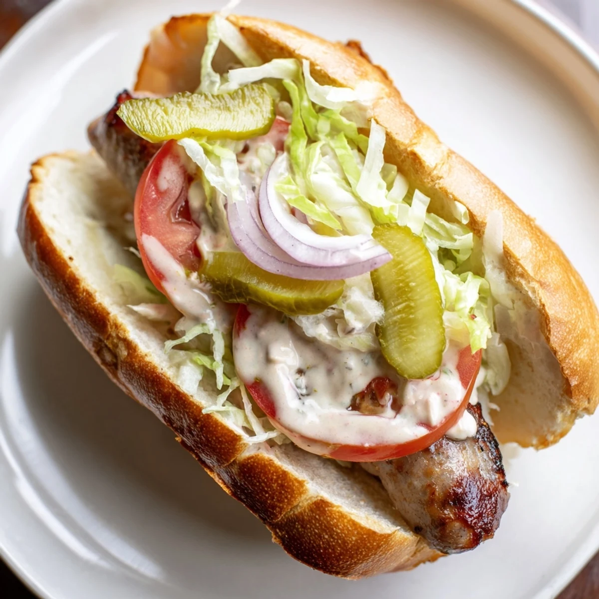 Juicy Grilled Cajun Beef Sausage Po Boy Sandwiches on a crusty baguette with fresh toppings.