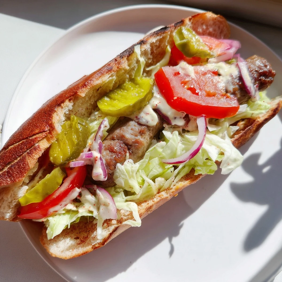 Grilled Cajun Beef Sausage Po Boy Sandwiches with creamy remoulade and crisp lettuce on toasted bread.