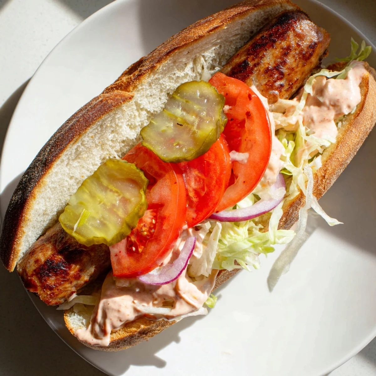 Assembling Grilled Cajun Beef Sausage Po Boy Sandwiches with tomatoes, pickles, and onions for a Louisiana-style lunch.