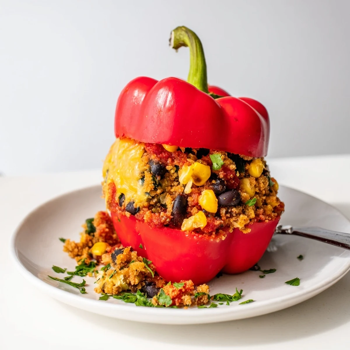 Golden-brown baked Cajun Potato Stuffed Bell Peppers sit upright in a white dish, steam rising from the zesty potato filling.