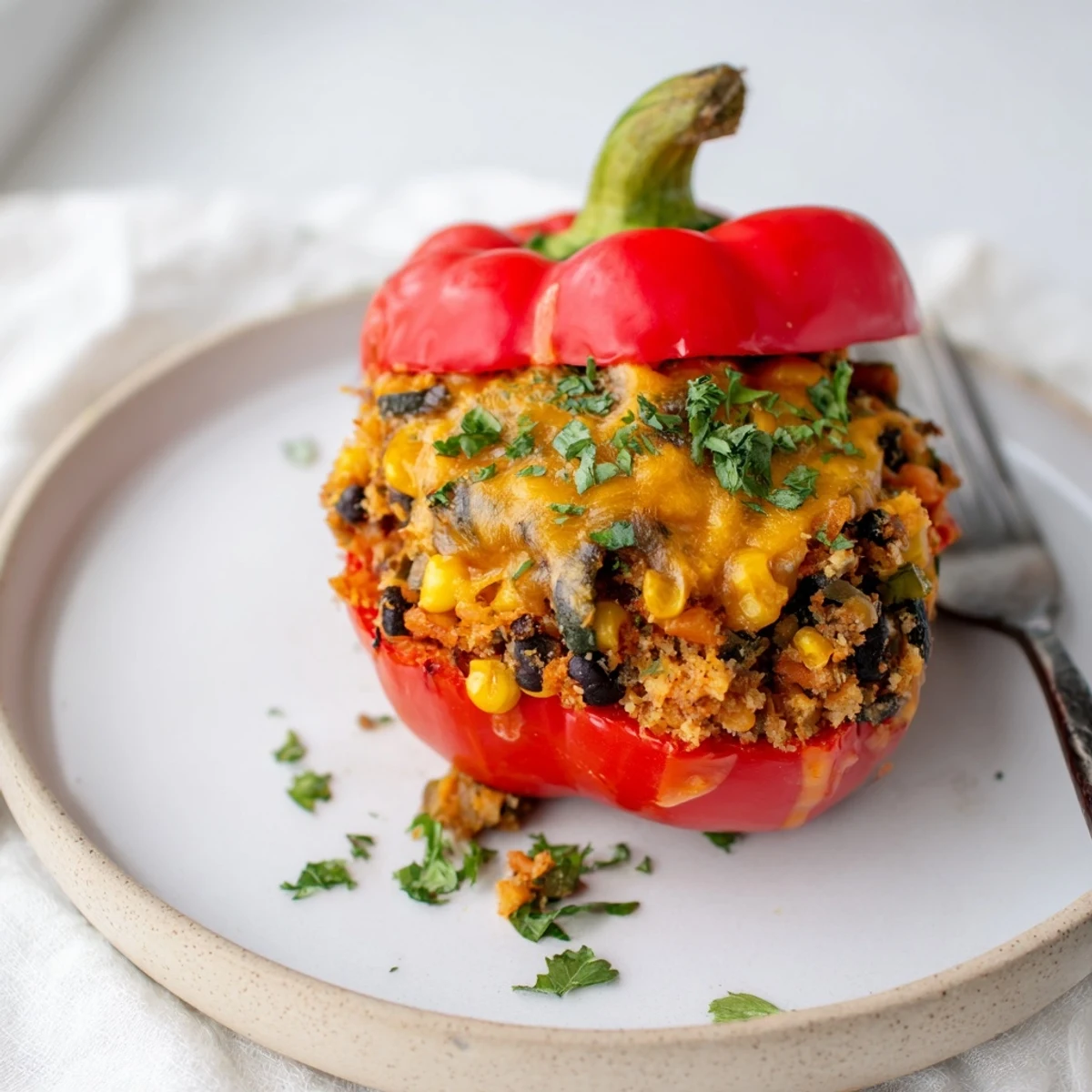 A slice of one Cajun Potato Stuffed Bell Pepper reveals fluffy potatoes and black beans, served on a rustic wooden table.