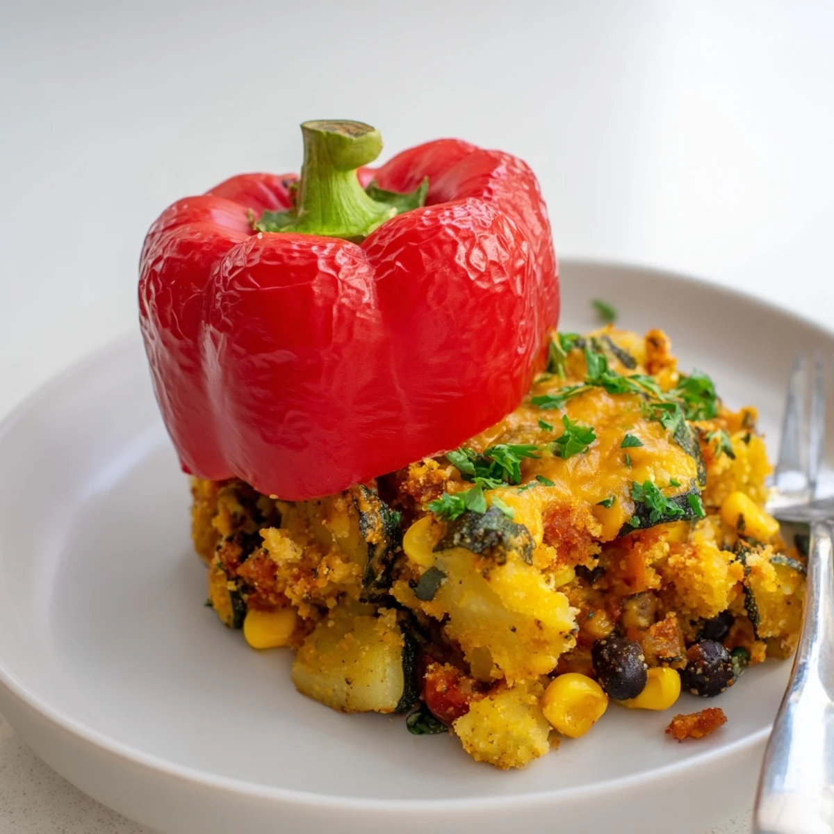 Four colorful roasted Cajun Potato Stuffed Bell peppers are garnished with fresh parsley, ready to serve as a vegetarian main dish.