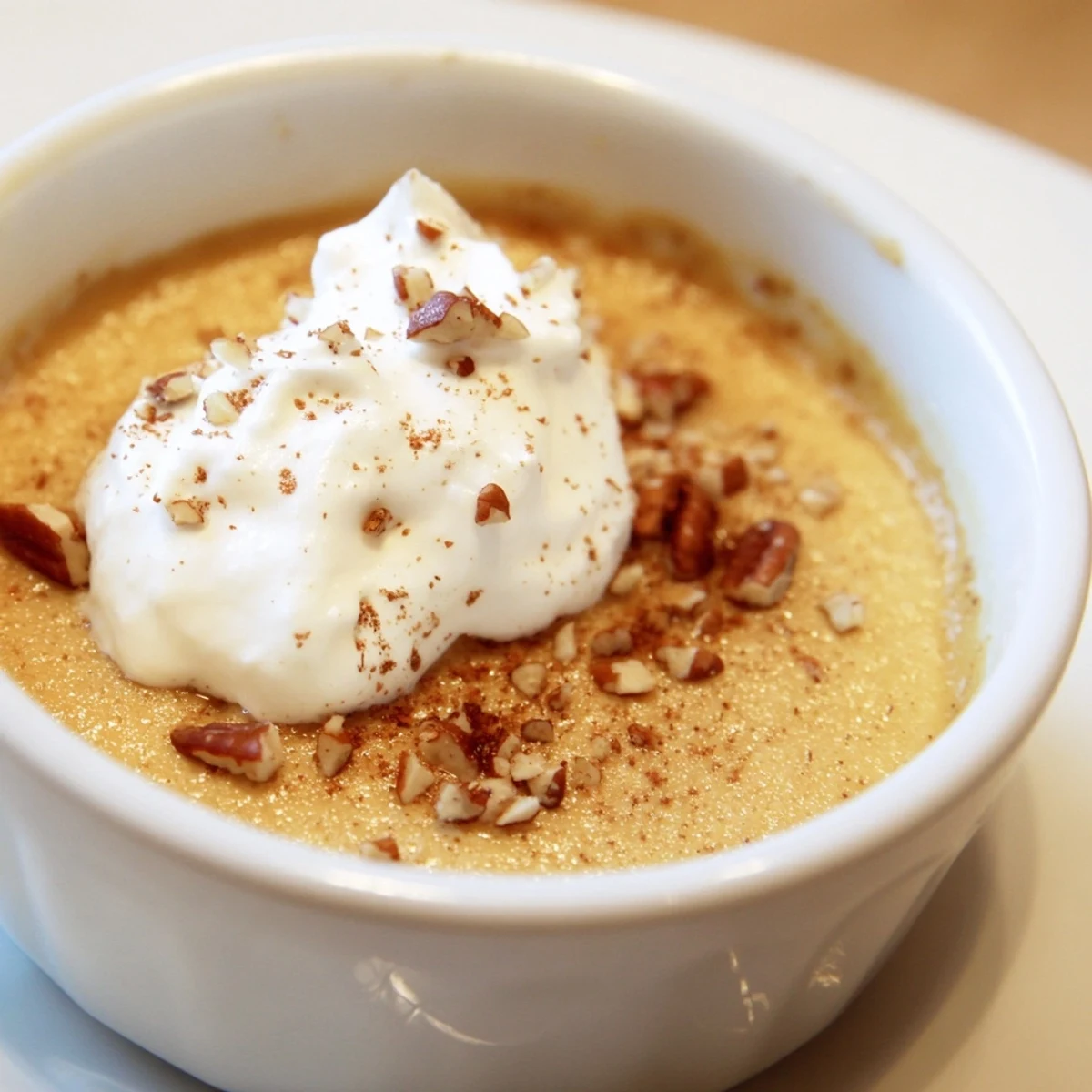 A close-up shot of Effortless Baked Pumpkin Pudding in a ramekin, revealing a silky texture and warm autumn spices.