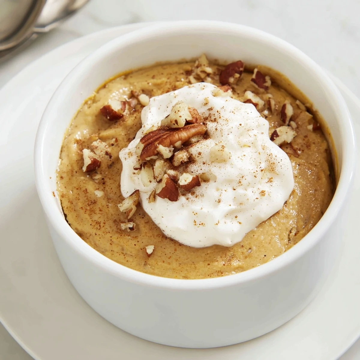 The Effortless Baked Pumpkin Pudding sits in a white dish, garnished with a dollop of whipped cream and a sprinkle of cinnamon.
