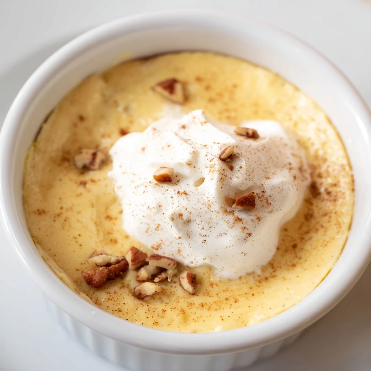 Freshly baked Effortless Baked Pumpkin Pudding served on a wooden table, ready to be enjoyed as a cozy dessert.