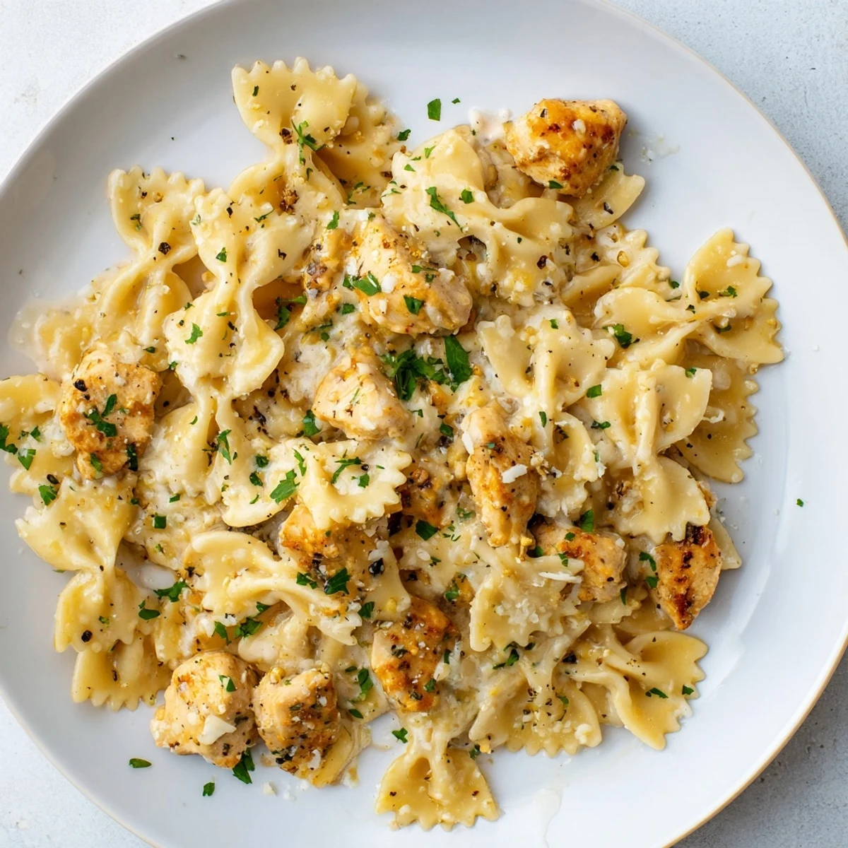 A comforting serving of Mozzarella Garlic Butter Chicken Bowties in Cheesy Cream steams on the plate.