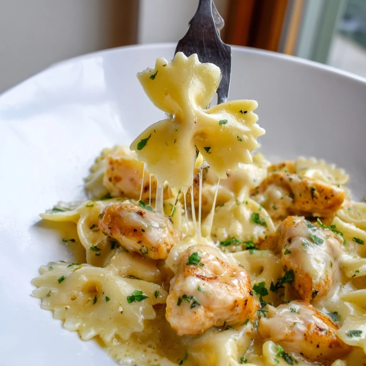Twirled bowtie pasta with chicken and melted mozzarella in garlic butter sauce for a family dinner.