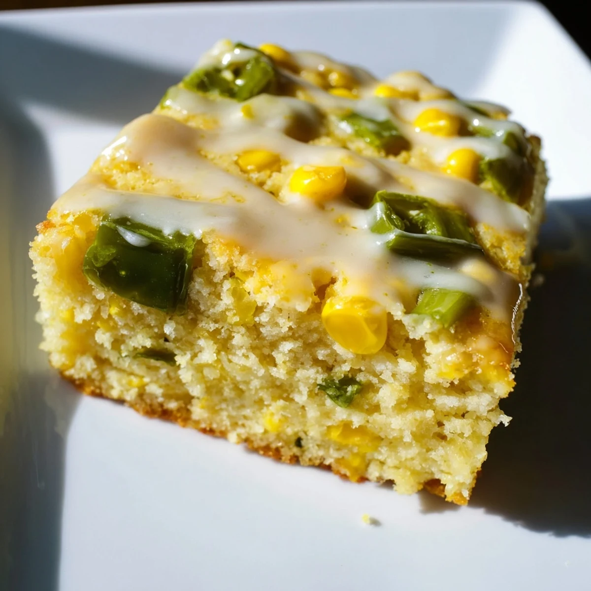 A close-up of Spicy Sweet Jalapeño Cornbread with Zesty Lime Drizzle, showing golden crumb and glistening glaze.