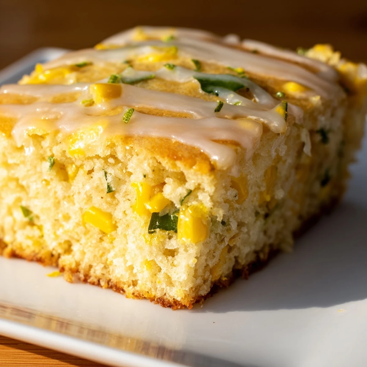 Slice of Spicy Sweet Jalapeño Cornbread with Zesty Lime Drizzle on a plate beside a bowl of chili.