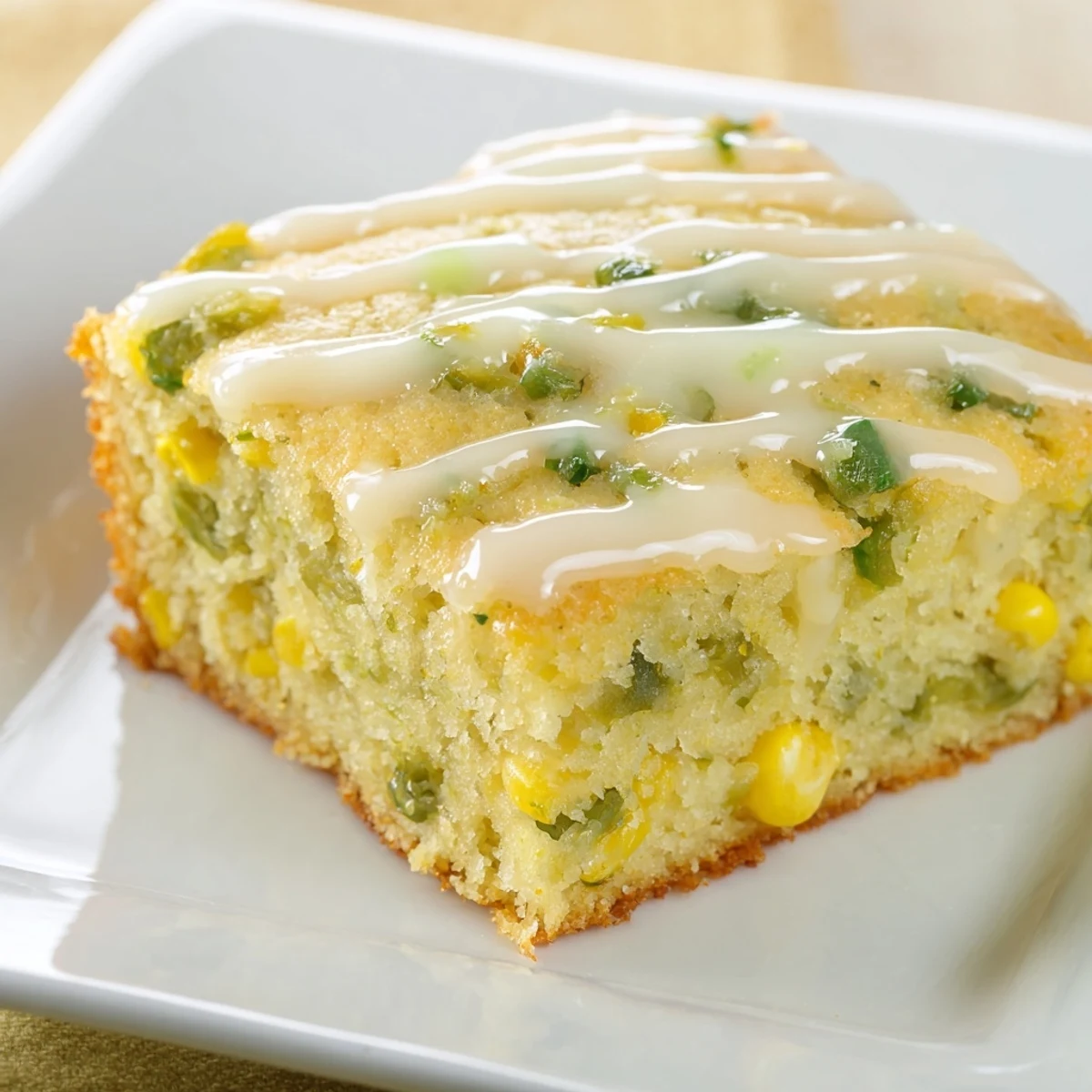 Overhead view of Spicy Sweet Jalapeño Cornbread with Zesty Lime Drizzle cooling on a wire rack.