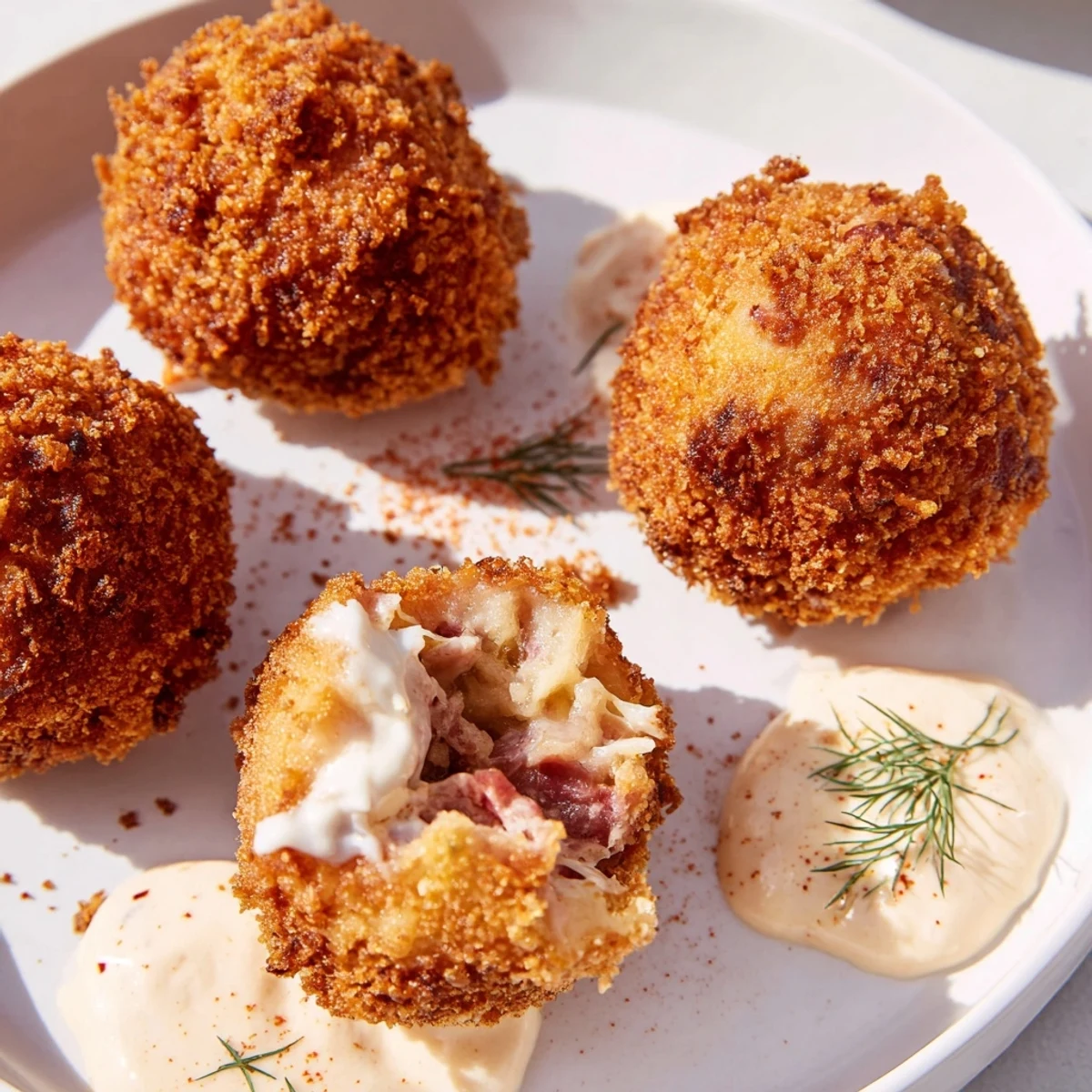 Golden-brown Reuben Balls with Spicy Thousand Island sit on a platter, showcasing their crispy panko crust next to a small bowl of the creamy dipping sauce.