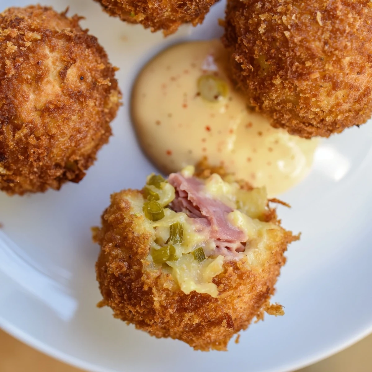 A close-up of fried Reuben Balls highlights their crunchy texture, with sauerkraut and melted Swiss cheese visible inside after being cut open.