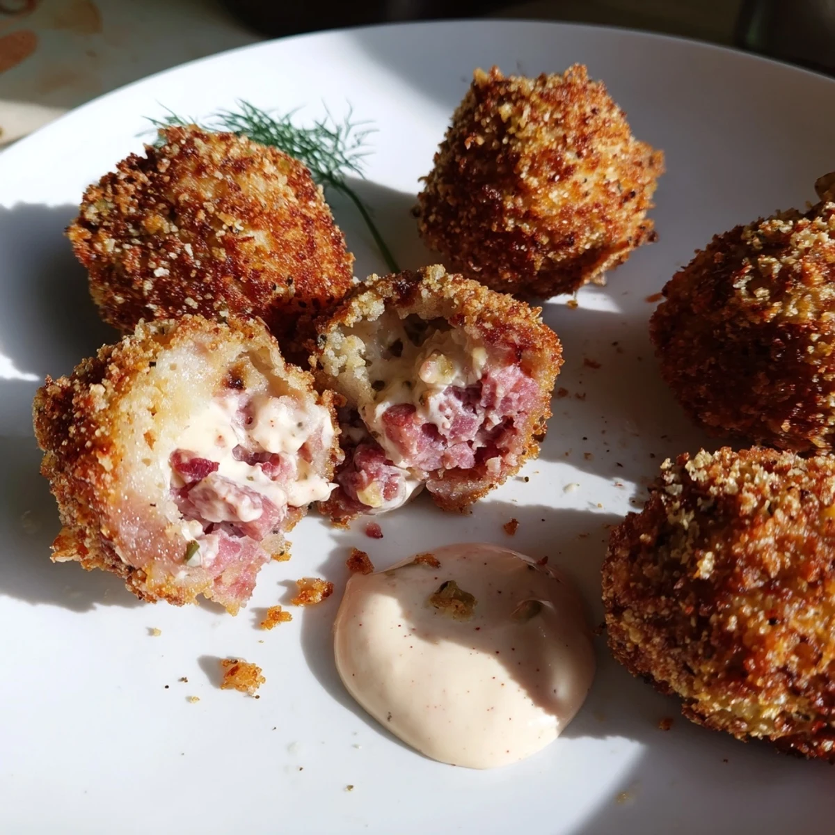 Serve Reuben Balls hot with Spicy Thousand Island sauce for dipping on a wooden board, perfect for a party appetizer spread.
