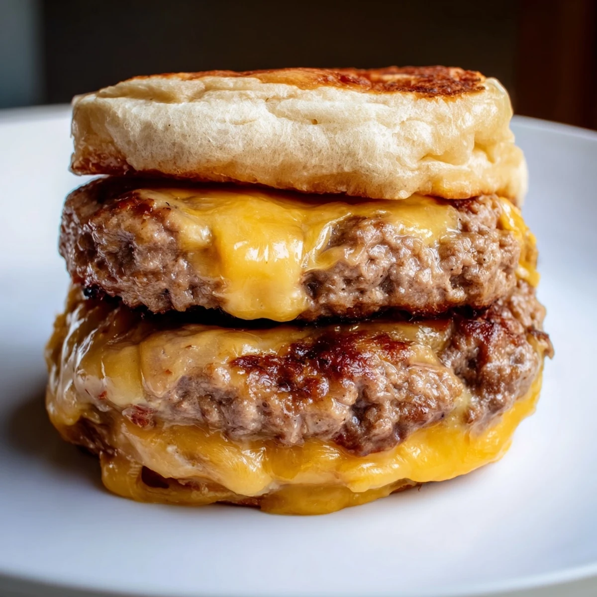 Golden brown beef patties stacked with melted cheese on a plate, Flying Dutchman Burger ready to serve with grilled onions.