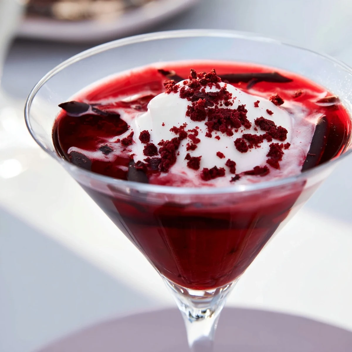 A chilled Decadent Red Velvet Martini in a glass rimmed with cream cheese frosting and chocolate shavings.