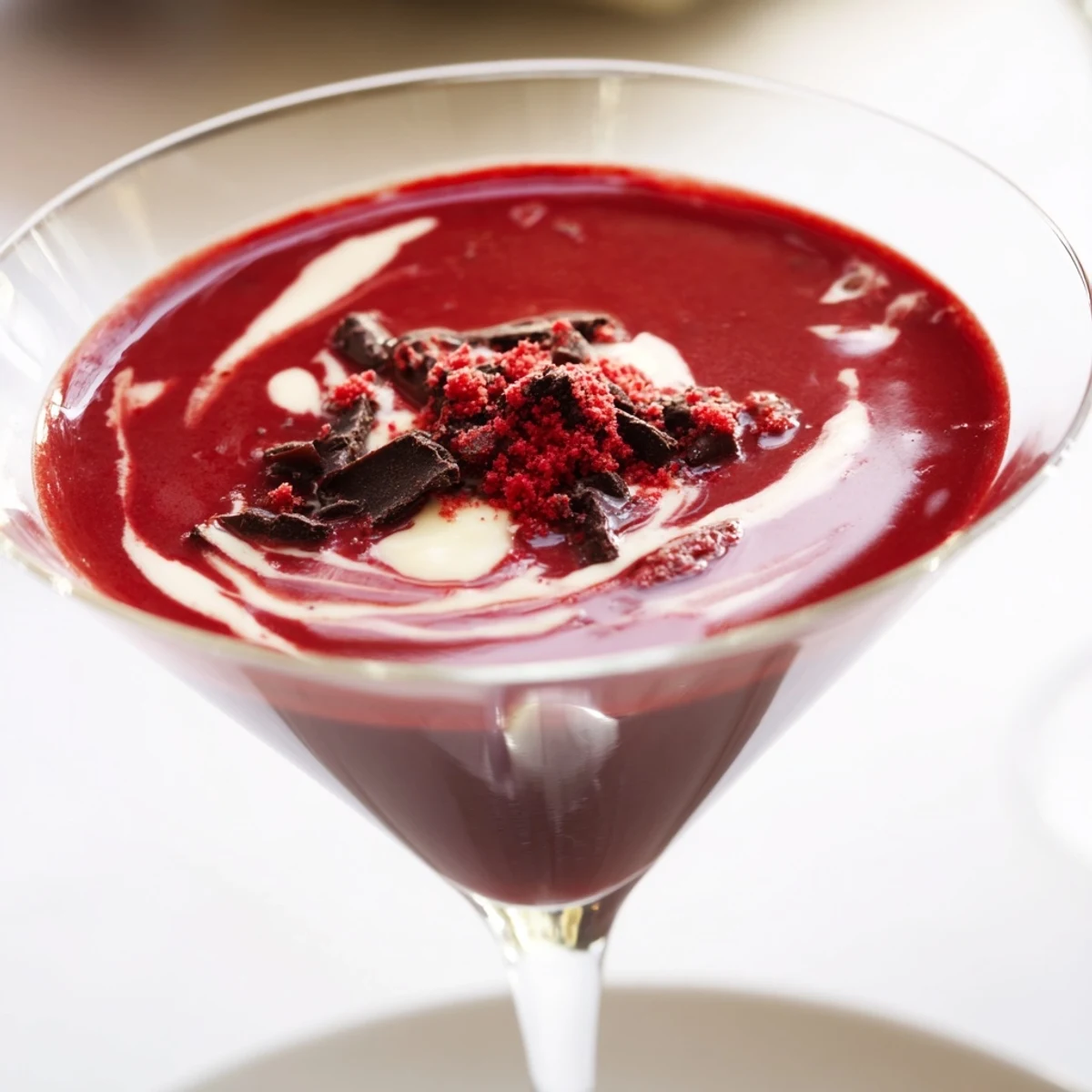 Rich red liquid swirls in a martini glass, garnished with crumbs for a Decadent Red Velvet Martini.