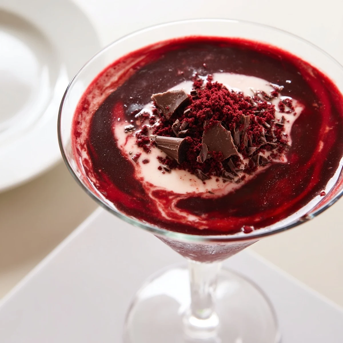 Vibrant Decadent Red Velvet Martini served with a dessert pairing, featuring creamy texture and cocoa garnish on top.