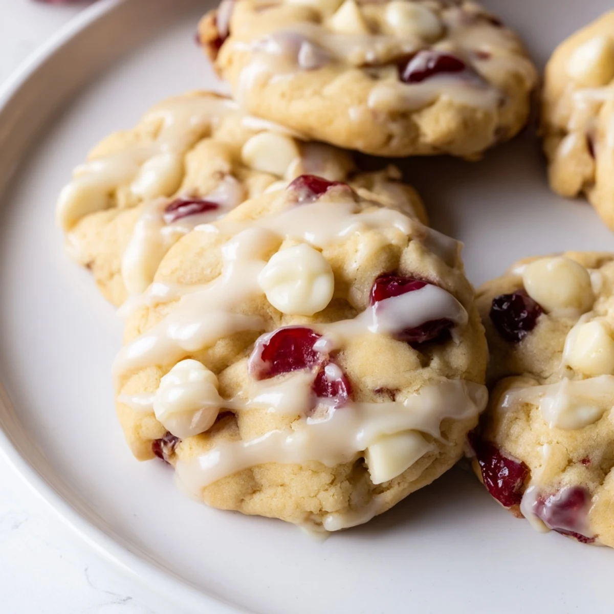 A close-up of Irresistible Maraschino Cherry Cookies drizzled with a white almond glaze, showing chewy pink centers and a soft, bakery-style texture on a marble counter.