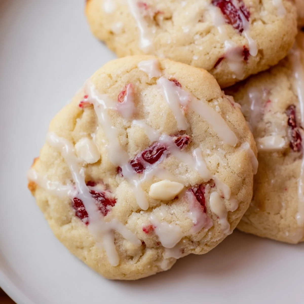 Overhead view of Irresistible Maraschino Cherry Cookies on a rustic wooden board, with a spoon drizzling sweet almond glaze over the golden edges and pink interiors.