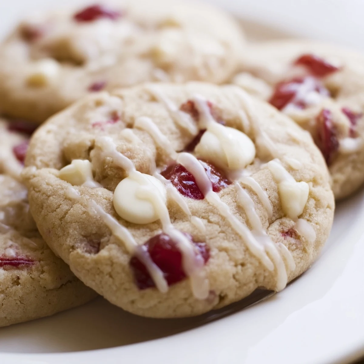 A batch of Irresistible Maraschino Cherry Cookies with vibrant red fruit pieces peeking out, served on a white plate next to a glass of cold milk for dipping.