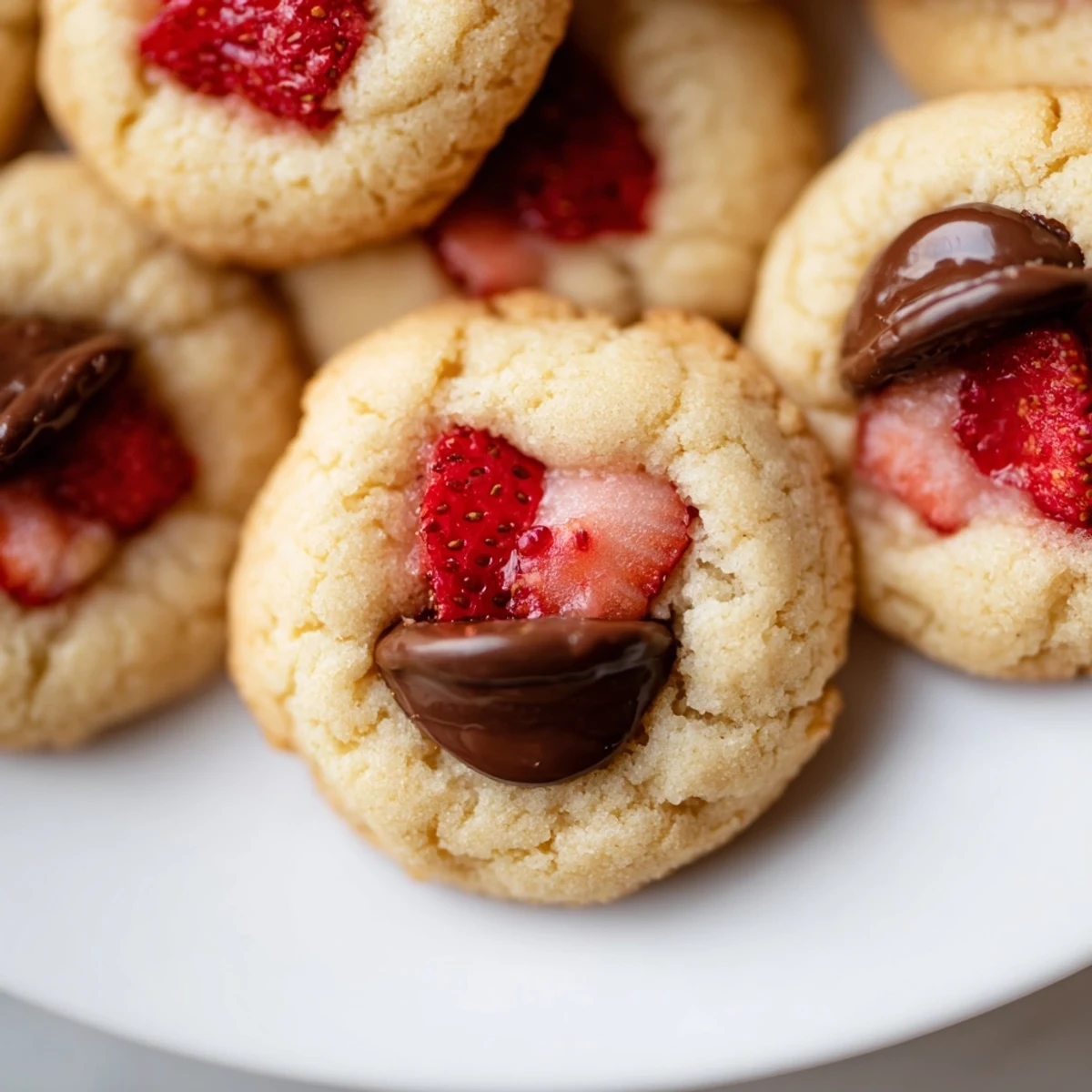 Freshly baked Strawberry Kiss Cookies on a cooling rack with melted chocolate centers.  