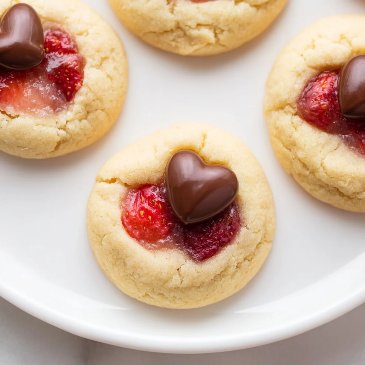 A close-up of Strawberry Kiss Cookies with gooey chocolate centers, served on a dessert plate.